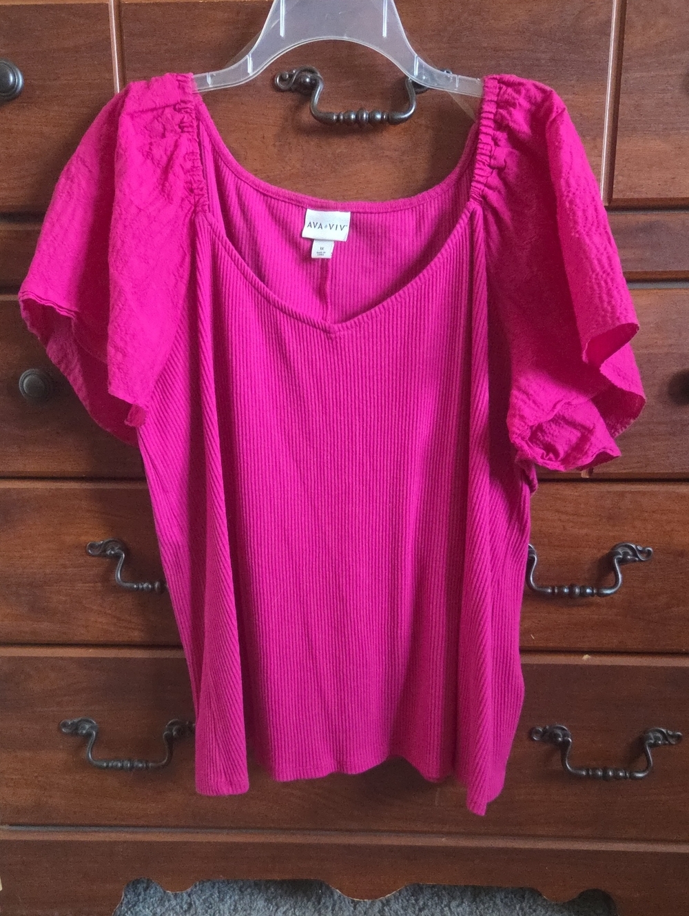 Ava & Viv Hot Pink Ribbed Puff Sleeve Top